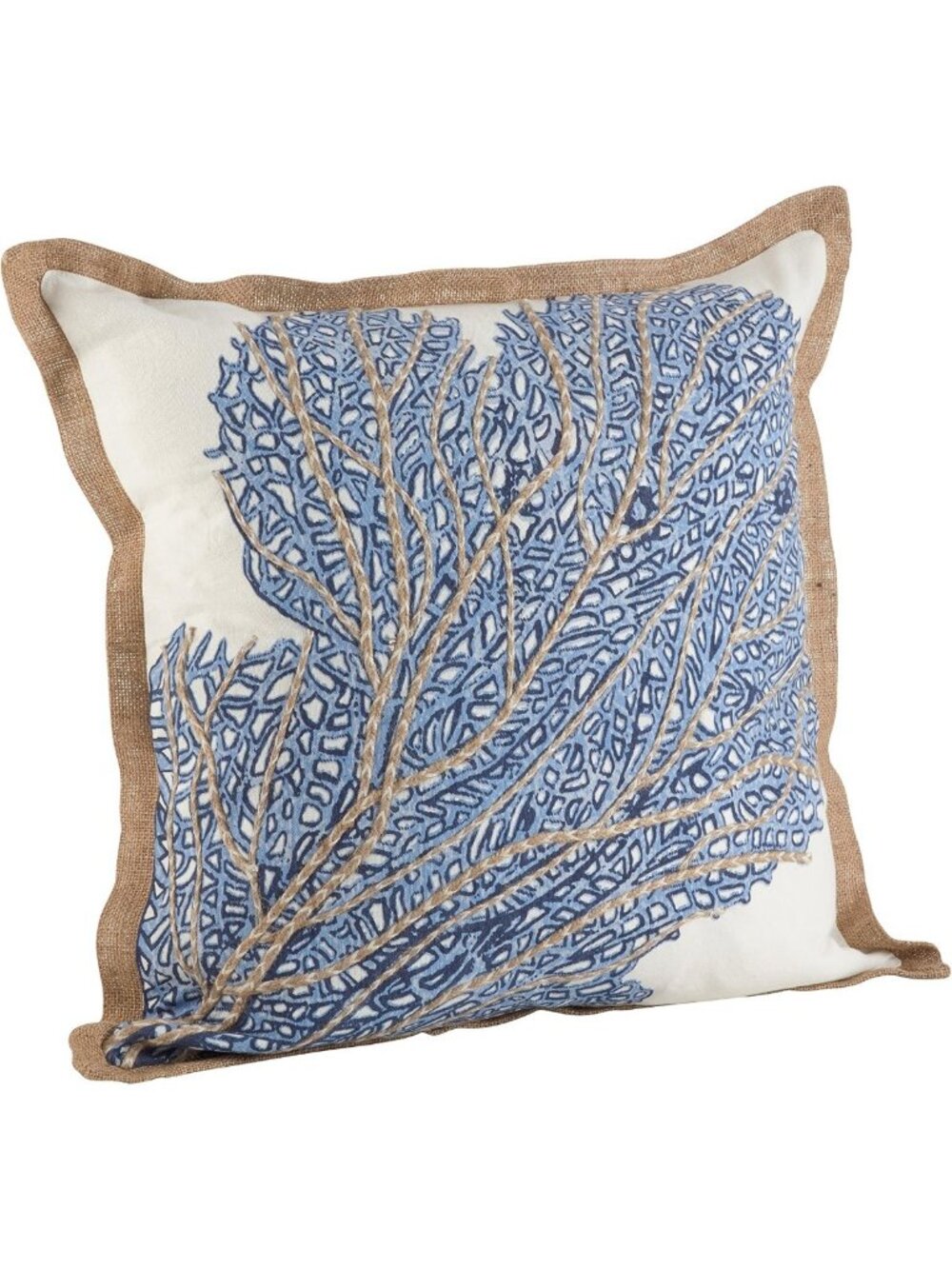 Coastal Throw Pillow 20"x20", Woven Cotton with Jute Trim, Zipper Closure, Down